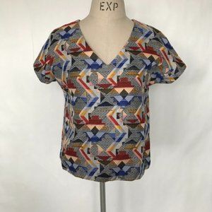 FRNCH V-Neck Short Sleeved Top in Colorful Abstract Print Size S/M